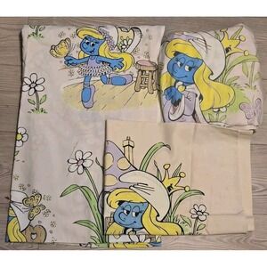VTG 1983 Peyo Lawtex Smurfette Smurfs Twin Flat & Fitted Sheet & Pillowcase Set